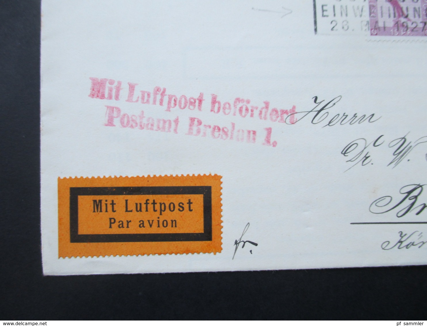 DR Flugpost Stempel R4 Flugplatz Cottbus Einweihung 26.Mai 1927. Mit Luftpost Befördert Postamt Breslau 1. Mit Inhalt! - Briefe U. Dokumente