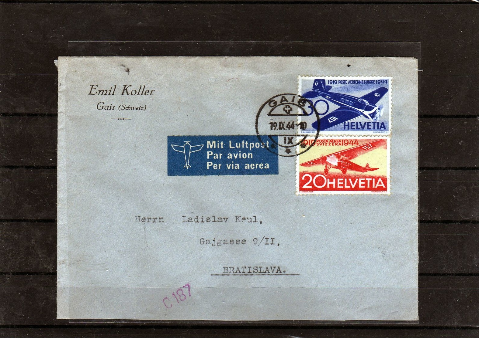 134-SWITZERLAND 1944-AIR MAIL COVER -GAIS-BRATISLAVA 19.IX.1944 - Briefe U. Dokumente