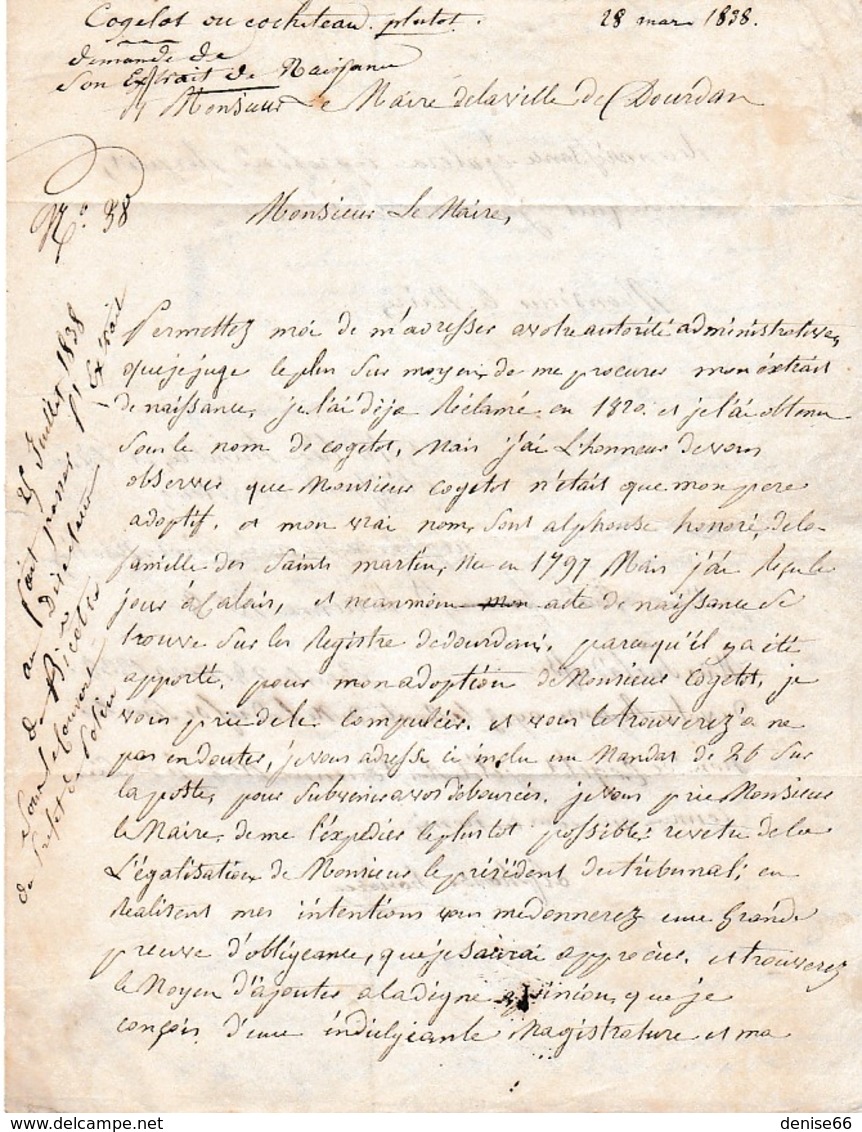 1838 - Recherche D'un NOM MAL ORTHOGRAPHIE Au Moment De L'adoption En Mairie De DOURDAN Avec Réponse - Documents Historiques