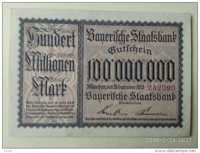 GERMANIA Munchen 100 Milioni Mark 1923 - [11] Emissioni Locali