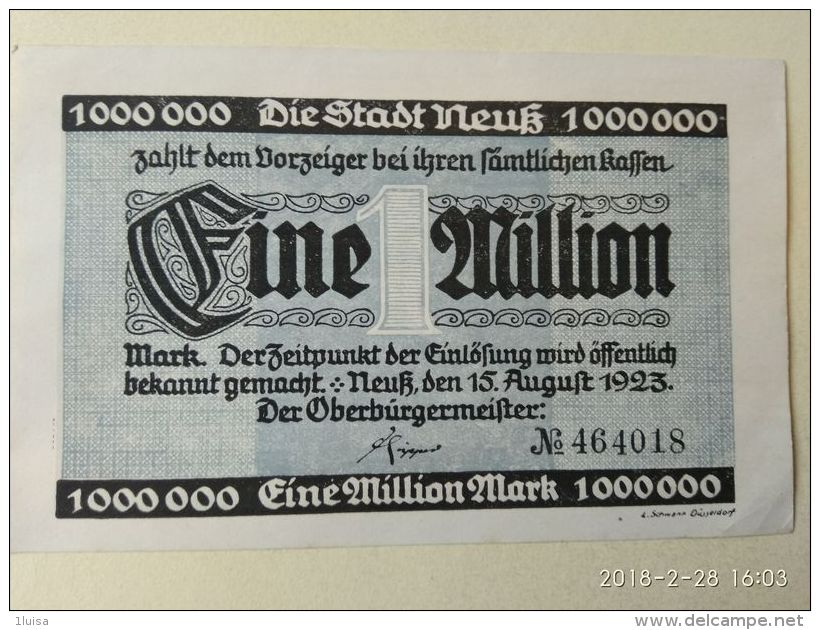 GERMANIA Neuss 1 Milione Mark 1923 - [11] Emissioni Locali