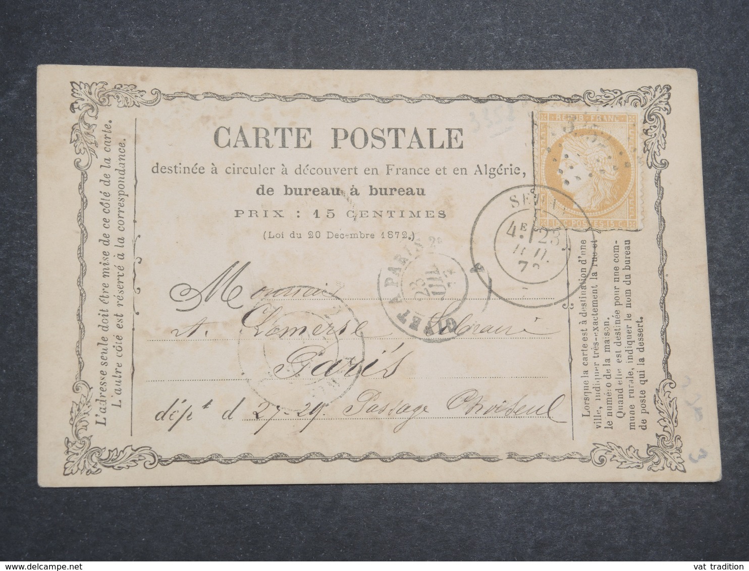 FRANCE - Carte Précurseur De Sedan Pour Paris En 1873 , Affranchissement Type Cérès - L 14712 - Vorläufer