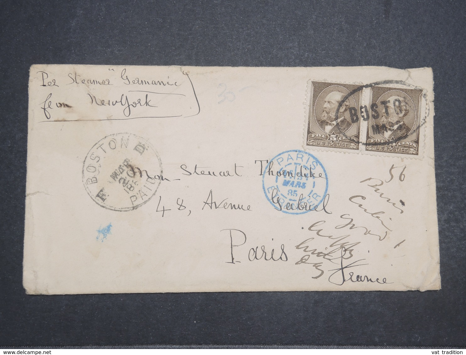 ETATS UNIS - Enveloppe De Boston Pour Paris En 1885 , Affranchissement Plaisant - L 14727 - Lettres & Documents