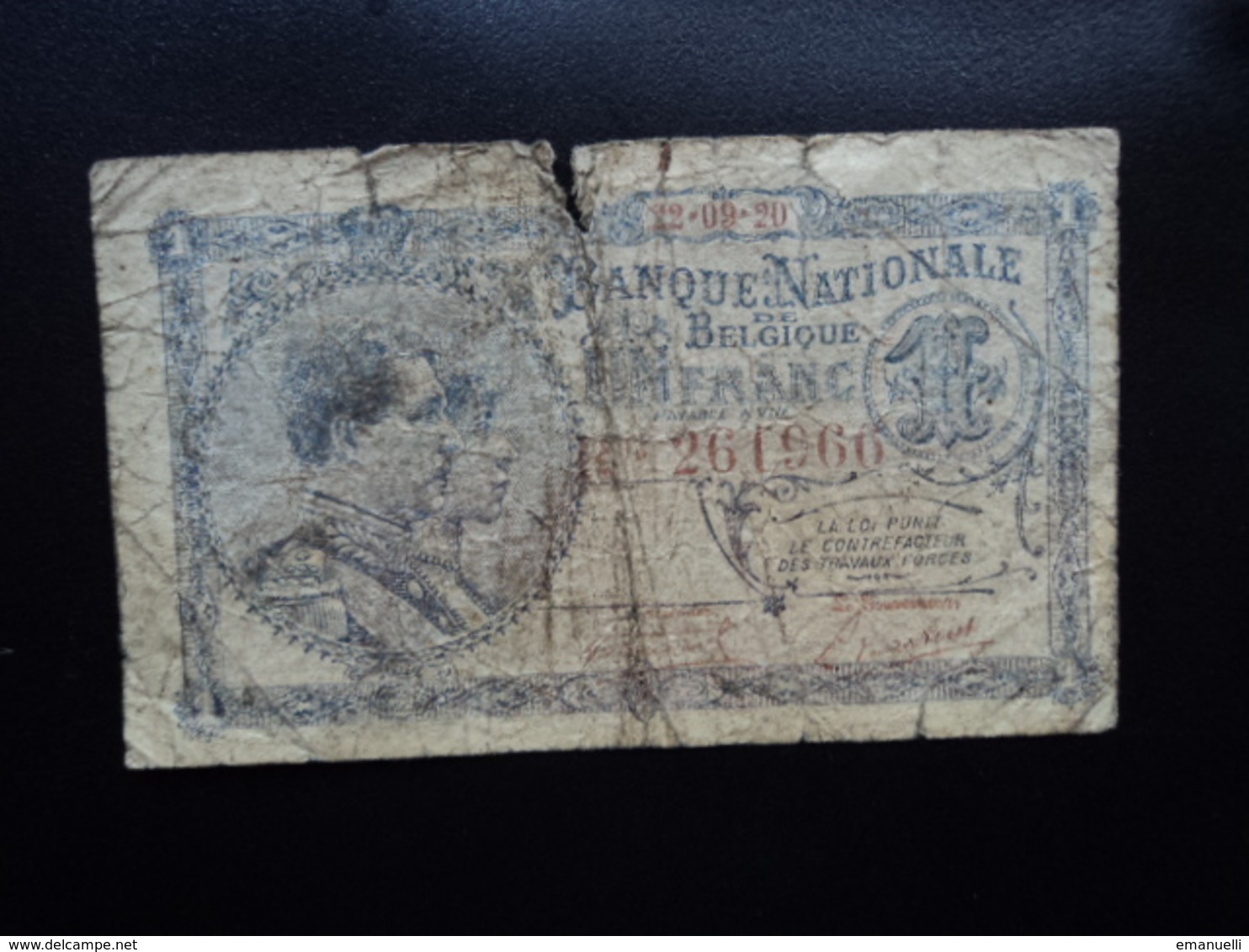 BELGIQUE : 1 FRANC  22.09.1920   P 92   état B - 1 Franc