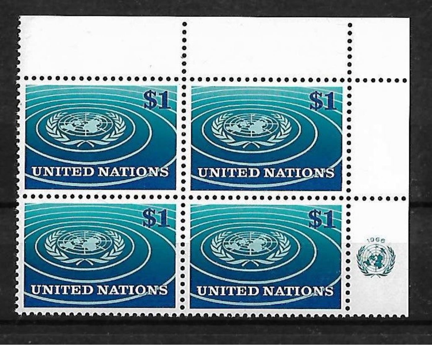 Naciones Unidas Oficina De Nueva York 1966 Emblema De La ONU Bloque De 4 Sellos - Nuevos