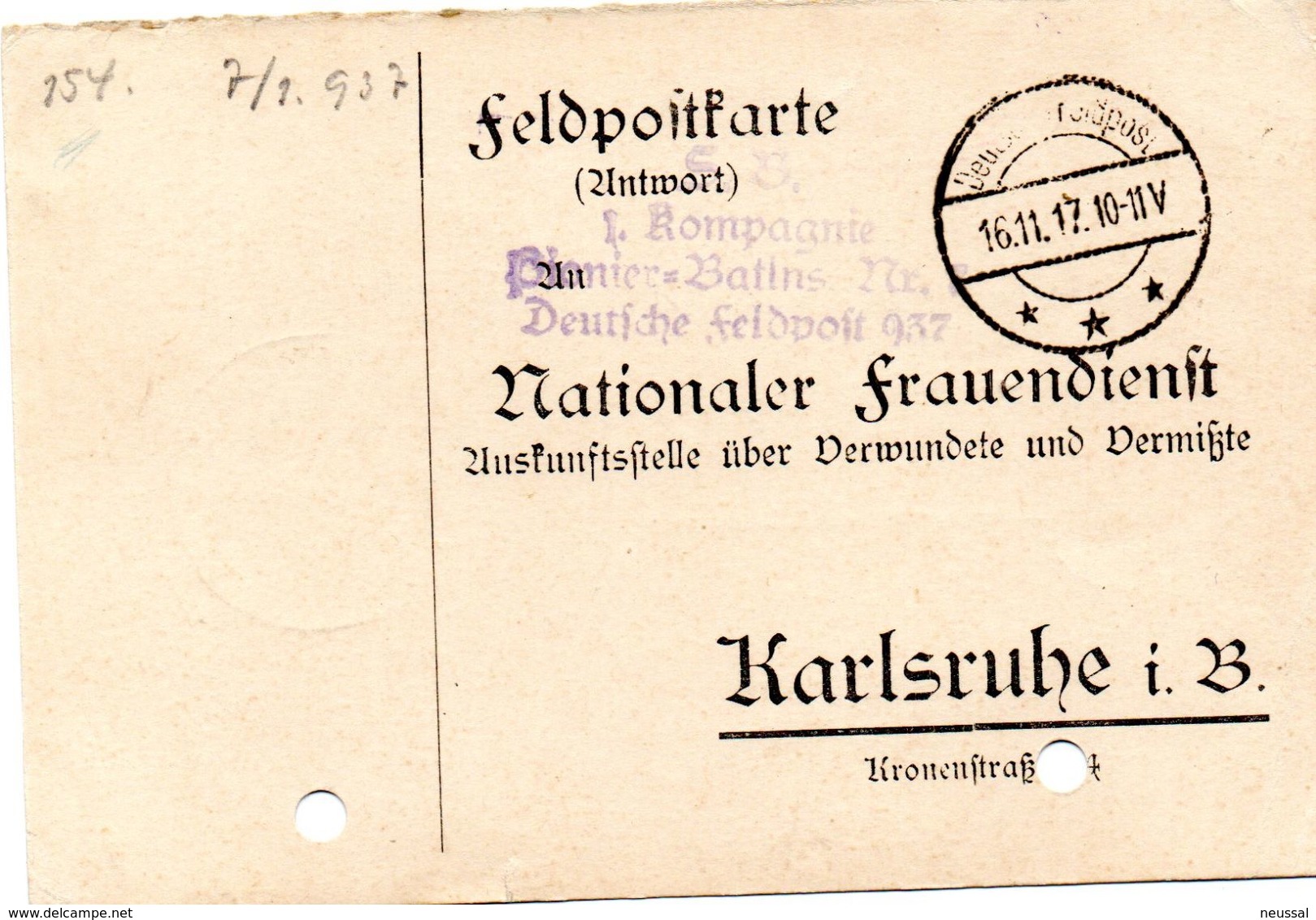 Tarjeta  Con  Franquicia Militar  Compañia Batallon De Zapadores Nº 7 Correo Militar Aleman 937 . Año 1917 - Cartas & Documentos