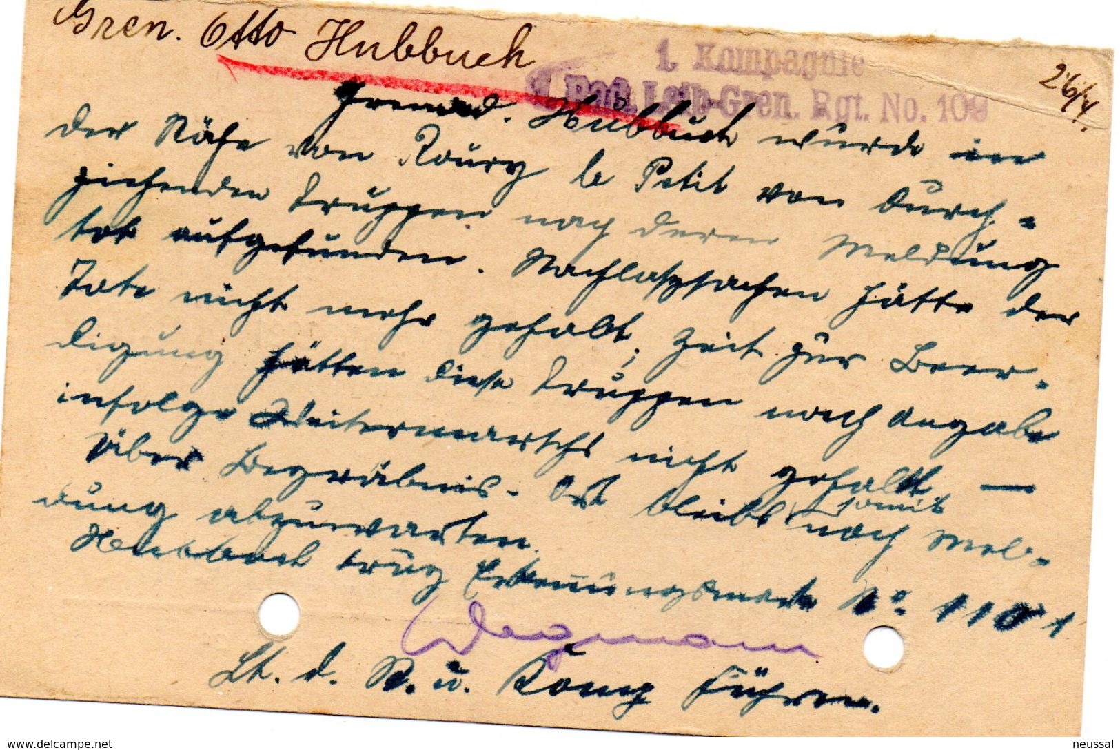 Tarjeta  Con  Franquicia Militar  1 Compañia Bad. Leib-gren. Regimiento Nº 109  . Año 1918 - Cartas & Documentos