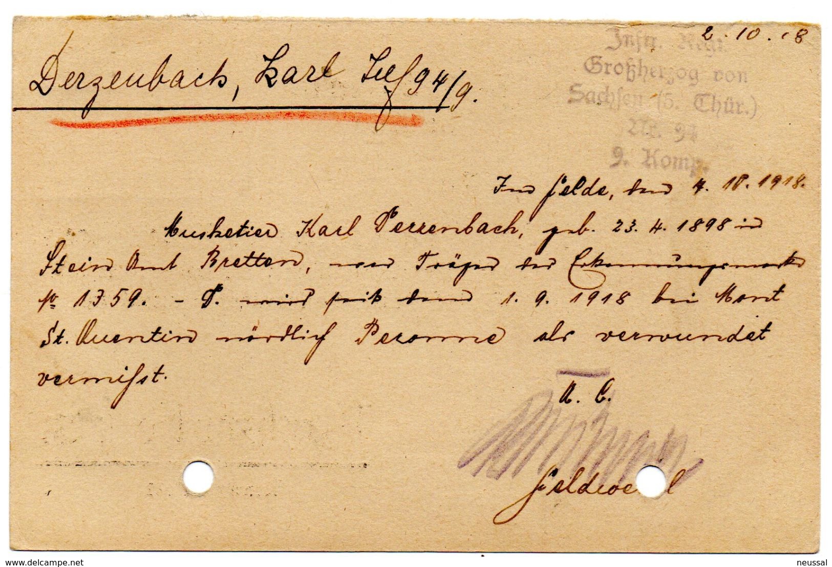 Tarjeta  Con  Franquicia Militar   Regimiento De Infanteria Sachfen Nº 94- 9 Compañia . Año 1918 - Cartas & Documentos