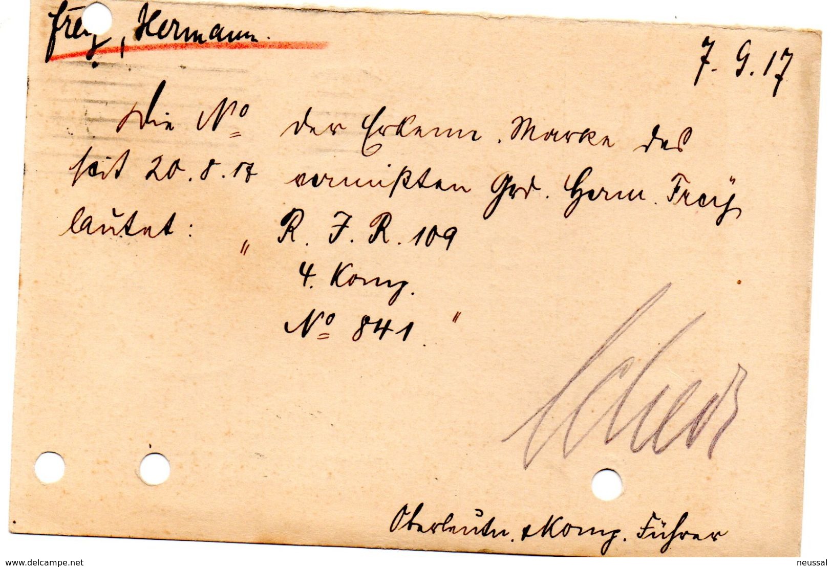 Tarjeta  Con  Franquicia Militar   Reserva De Infanteria Regimiento 109 -4 Compañia . Año 1917 - Cartas & Documentos