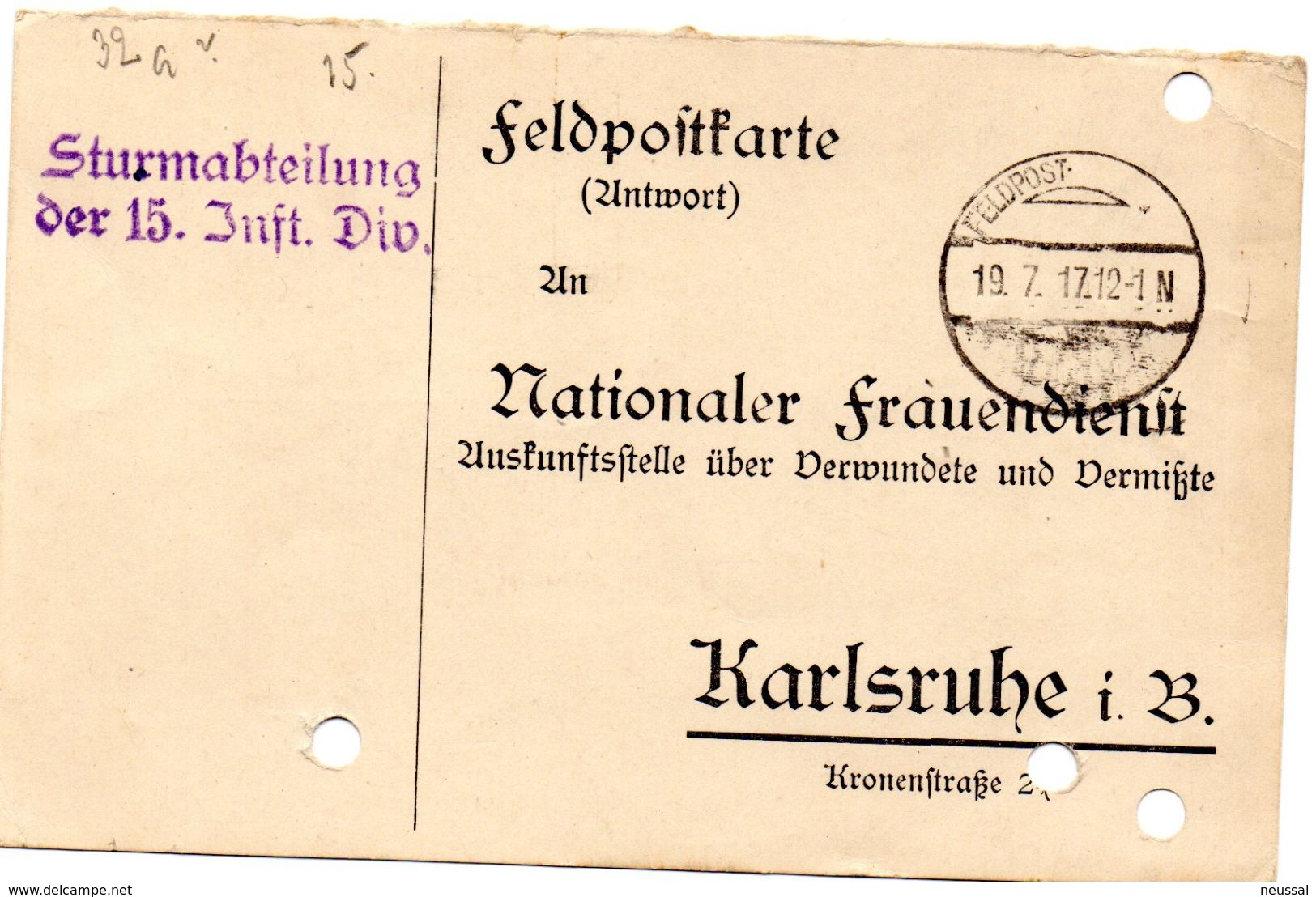 Tarjeta  Con  Franquicia Militar  Sturmabteilung Der 15 Infateria . Año 1917 - Cartas & Documentos