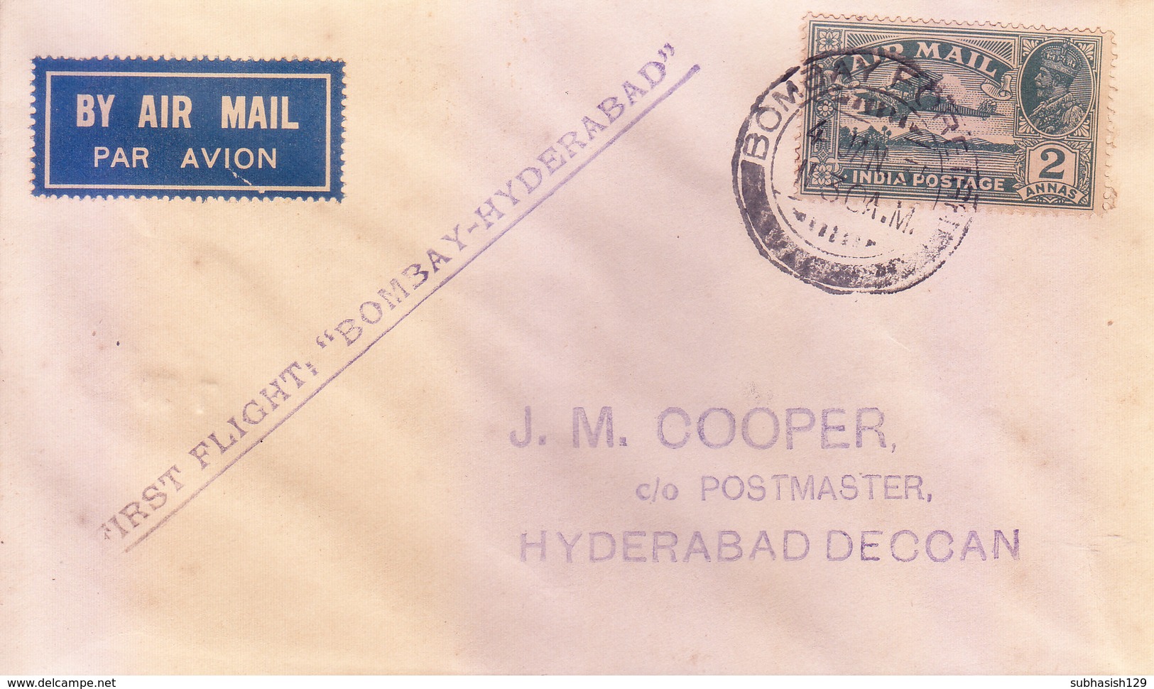 BRITISH INDIA : 04-01-1935 FIRST FLIGHT COVER : TATA AND SONS : BOMBAY - HYDERABAD - 1911-35 King George V