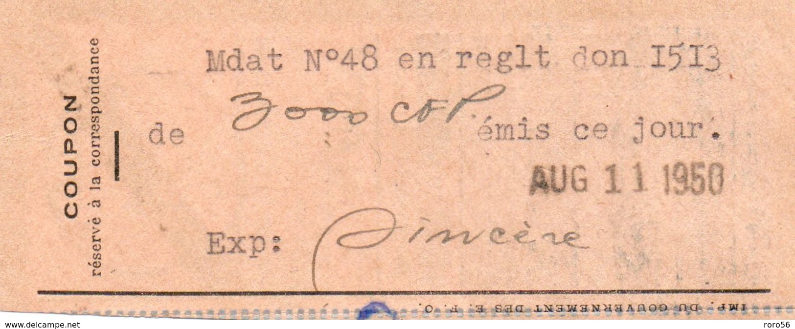 Coupon De Mandat-timbres Divers-11-8-1950--Papeete-Tahiti - Tahiti