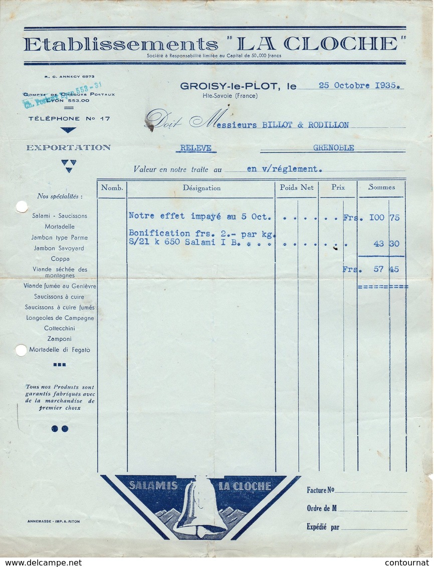 74 GROISY LE PLOT FACTURE 1935   SALAISON Ets " LA CLOCHE "  * A2 C/ ANNECY - 1900 – 1949