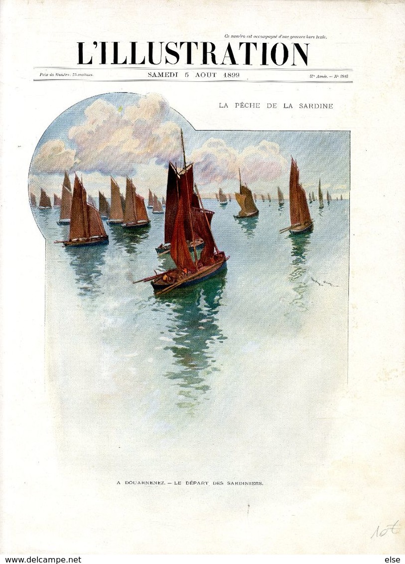 DOUARNENEZ  LE DEPART DES SARDINIERS    -  LA PECHE A LA SARDINE  -  PAGE DE LA REVUE L ILLUSTRATION 1899 - Afiches