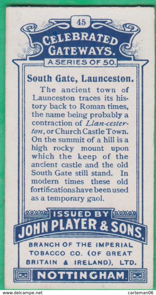 Chromo John Player & Sons, Player's Cigarettes - Celebrated Gateways - South Gate, Launceston N°45 - Player's