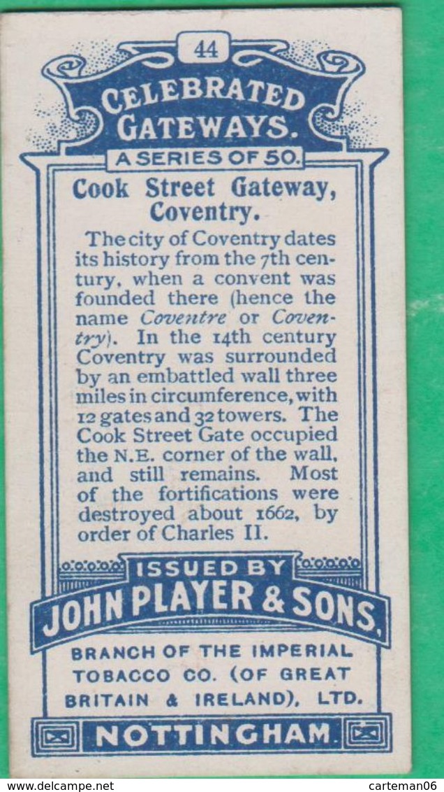 Chromo John Player & Sons, Player's Cigarettes - Celebrated Gateways - Cook Street Gateway, Coventry N°44 - Player's