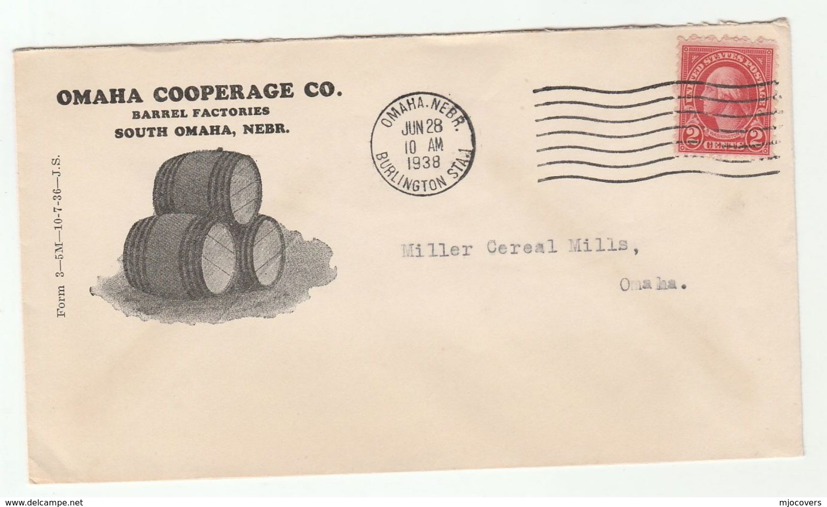 1938 Illus ADVERT COVER  OMAHA COOPERAGE, BARRELS, To MILLER CEREAL MILL, Stamps Nebraska  USA - Covers & Documents