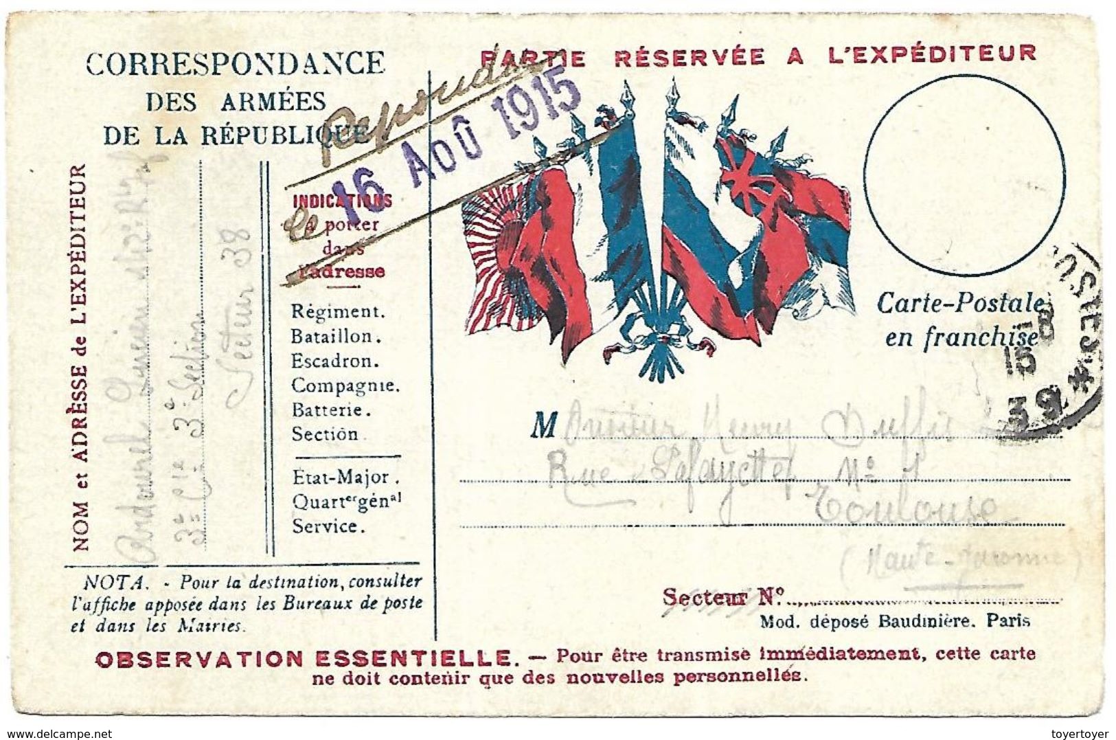 CM 52  Correspondance Militaire D'Août 1915 Cachet Trésor Et Postes Simple Cercle N°(SP)39 QG De La 1ère Armée - Guerre De 1914-18