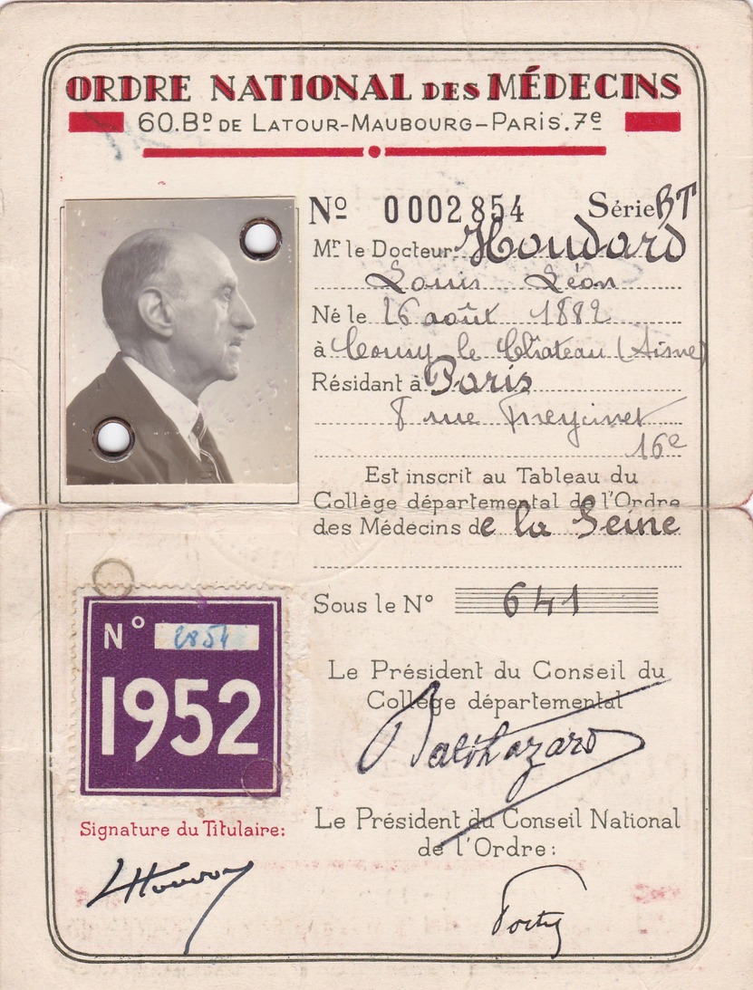 SANTE  :  CARTE  DE  L' ORDRE  NATIONAL  DES  MEDECINS  1952  . - Autres & Non Classés