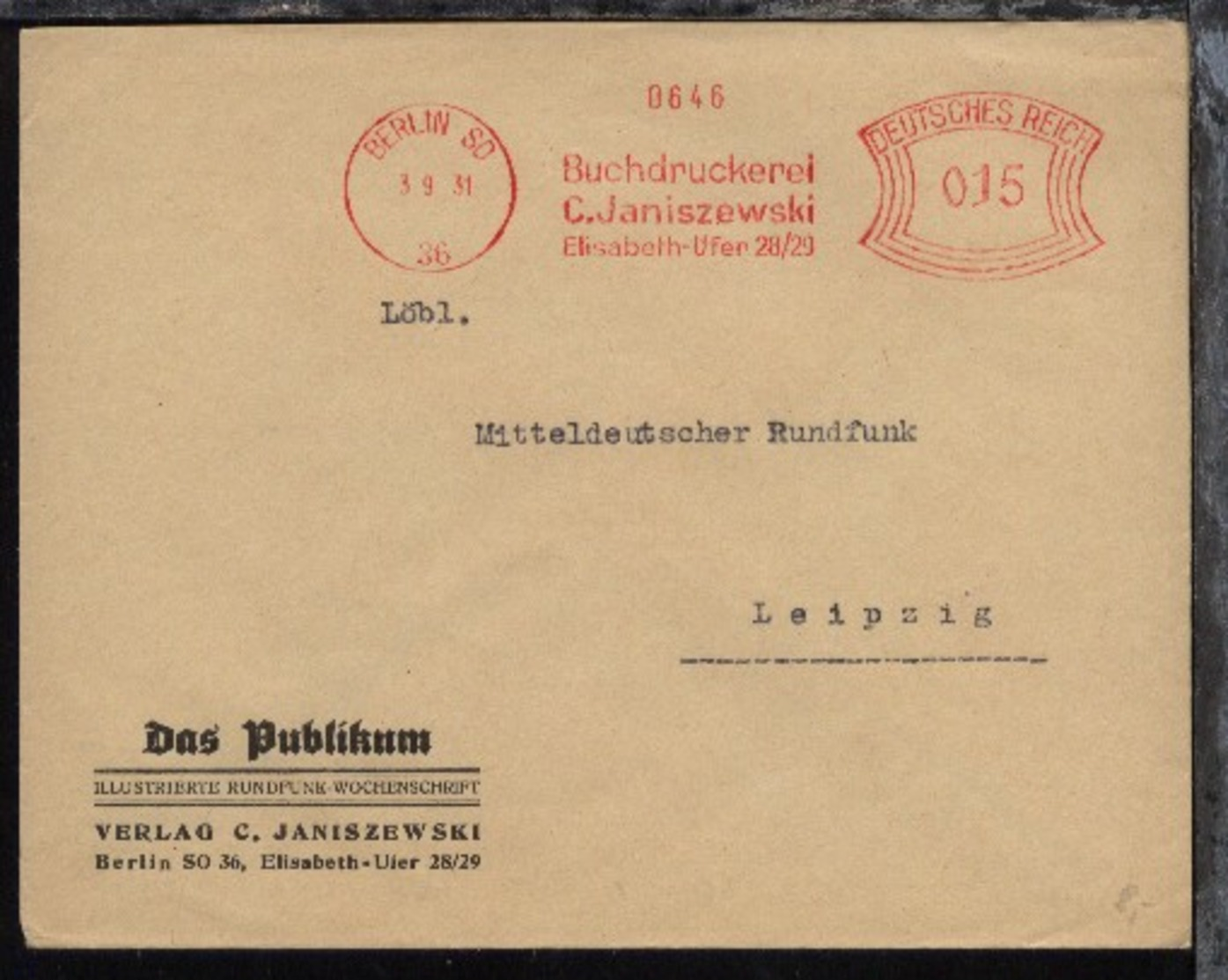 Berlin AFS BERLIN SO 36 3.9.31 Buchdruckerei C. Janiszewski  - Sonstige & Ohne Zuordnung