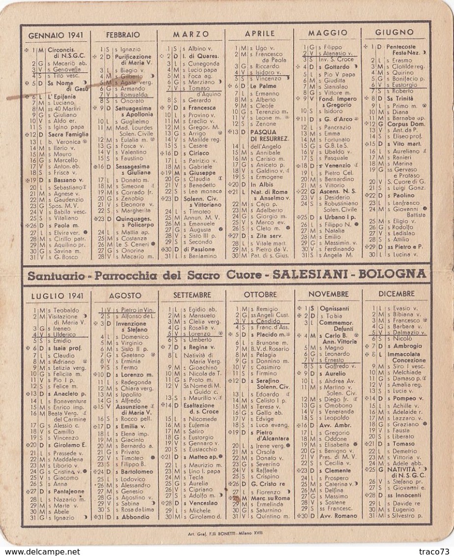 CALENDARIO RELIGIOSO - 1941 /  BOLOGNA  - SALESIANI _SACRO CUORE DI GESU' - Petit Format : 1941-60