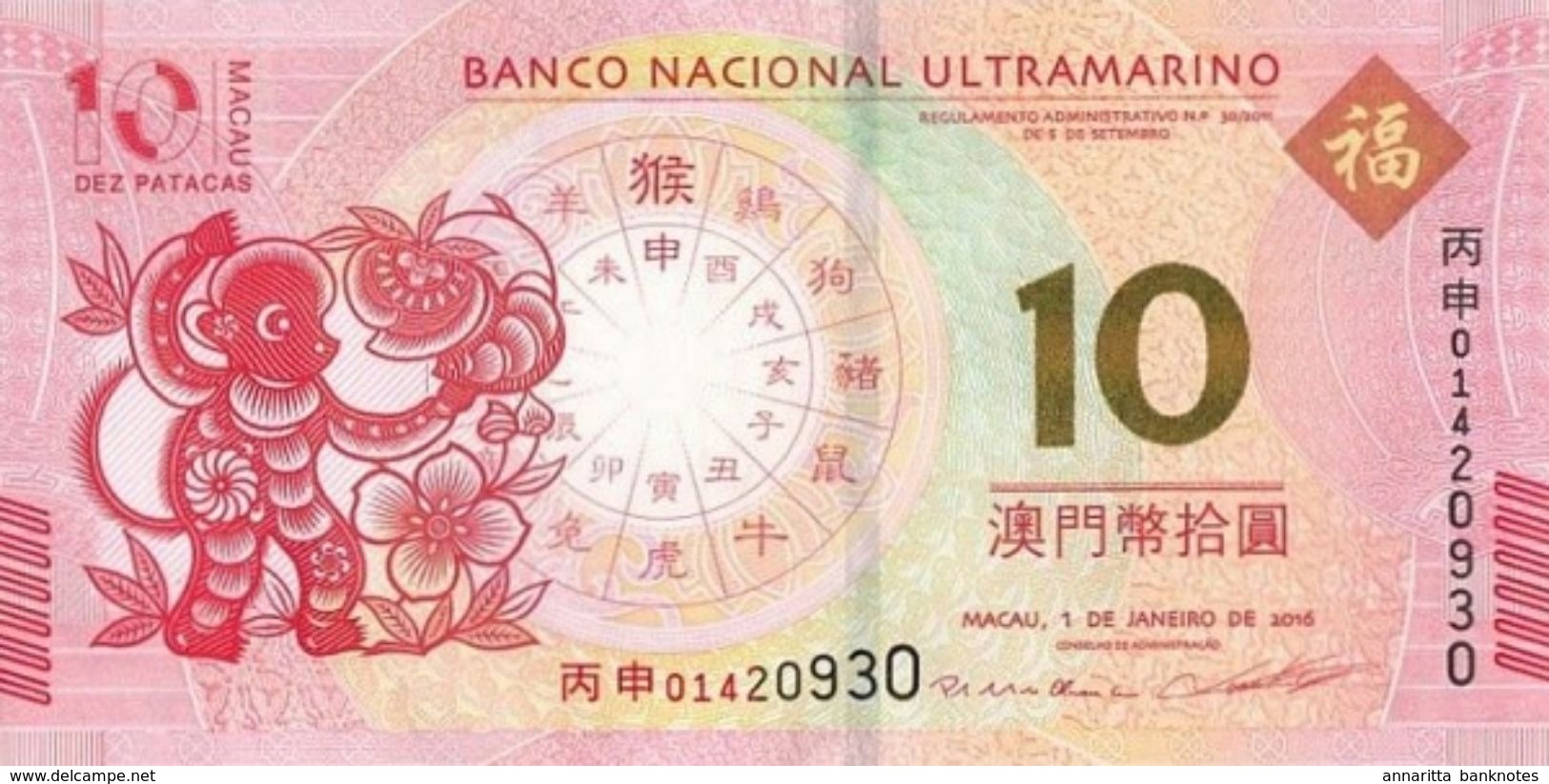 MACAU 10 PATACAS 206 P-88A COMMEMORATIVE [MO078a] - Macao