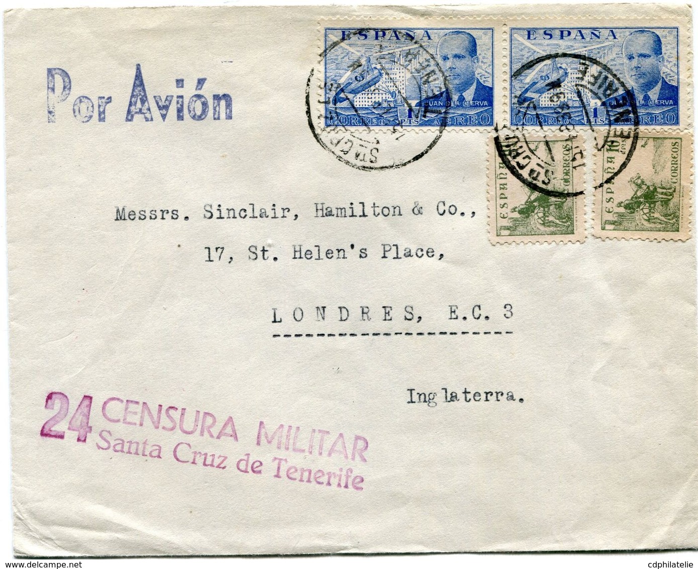 ESPAGNE LETTRE PAR AVION  AVEC CACHET 24 CENSURA MILITAR SANTA CRUZ DE TENERIFE DEPART Sta CRUZ DE TENERIFE 11-8-39. - Republicans Censor Marks