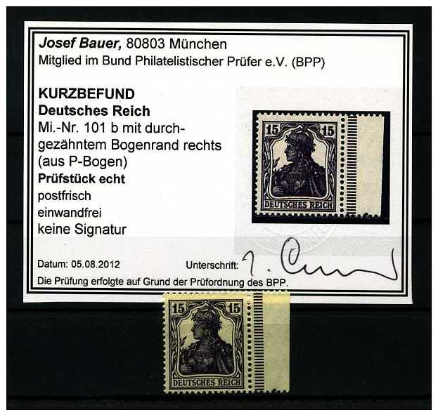 Z28121)DR 101 B, Rand Durchgezähnt**, Befund Bauer - Ungebraucht