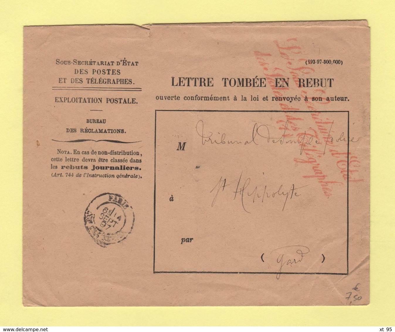 Sous Secretaire D Etat Des Postes Et Des Telegraphes (1) - Enveloppe Rebut - St Hippolyte Gard - 1897 - 1877-1920: Période Semi Moderne