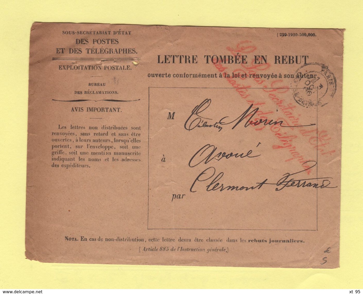 Sous Secretaire D Etat Des Postes Et Des Telegraphes (2) - Enveloppe Rebut - Clermont Ferrand - 1900 - 1877-1920: Période Semi Moderne