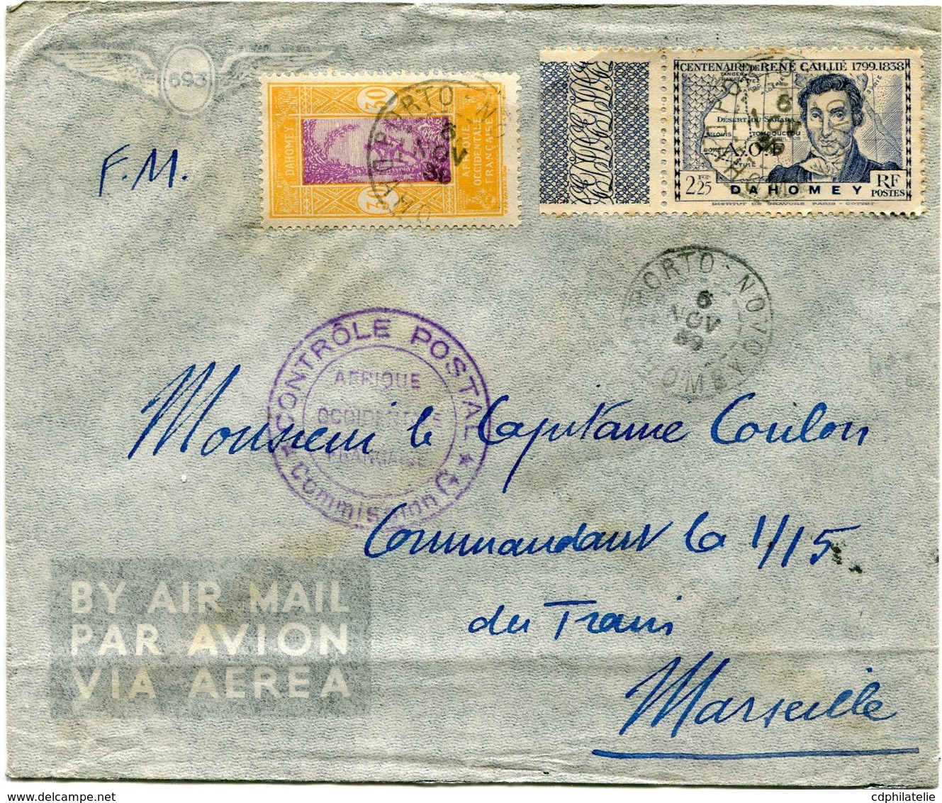 DAHOMEY LETTRE PAR AVION CENSUREE DEPART PORTO-NOVO 6 NOV 39 DAHOMEY POUR LA FRANCE - Briefe U. Dokumente