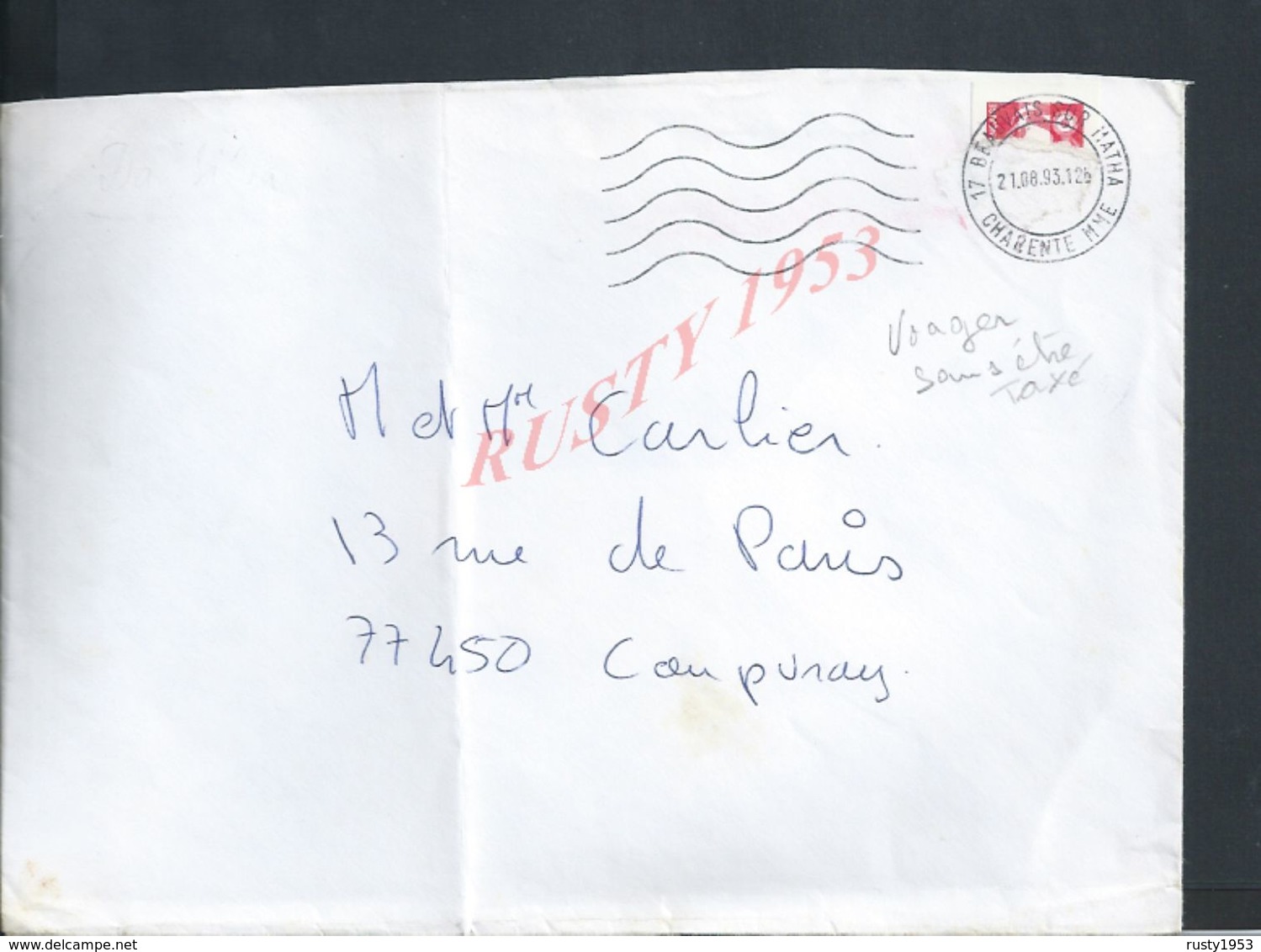 LETTRE SUR TIMBRE MAL COUPÉ DE 1993 VOYAGER SANS ÉTRE TAXÉ VARIÉTÉ OB BEAUVAIS SUR MATHA : - Covers & Documents