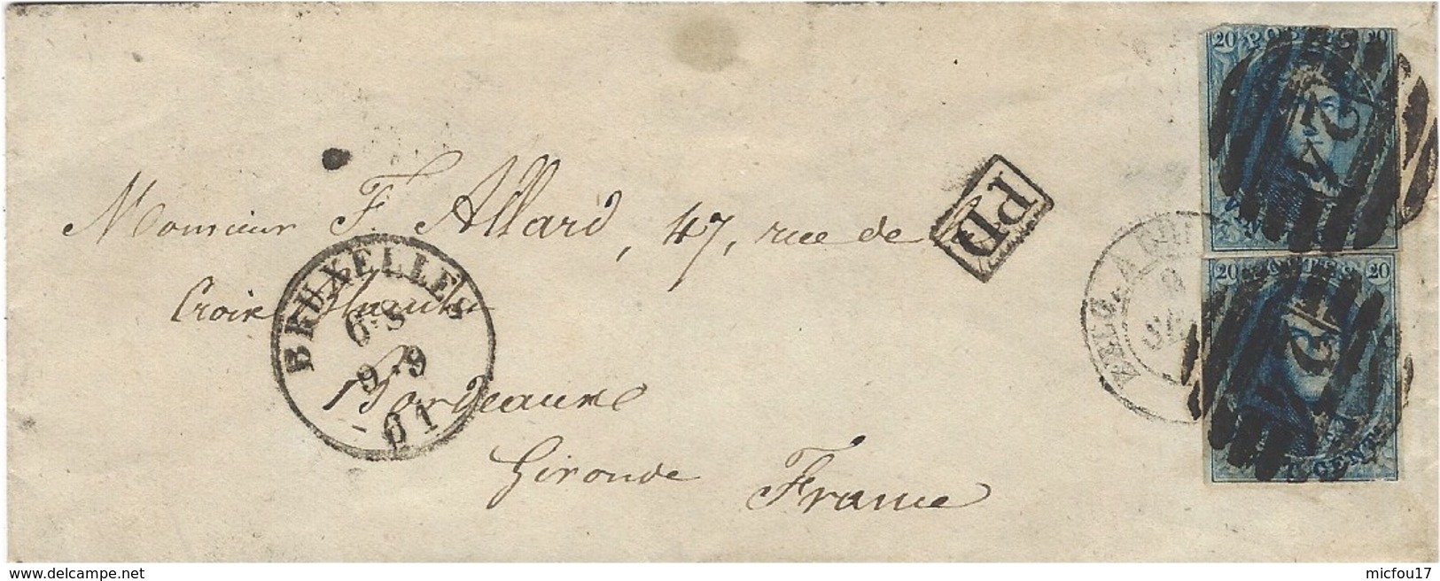 1861- Enveloppe De BRUXELLES  Affr. Y&T N°11  X 2  Ex. Du Haut Touché  Pour Bordeaux - 1849-1865 Medaillen (Sonstige)