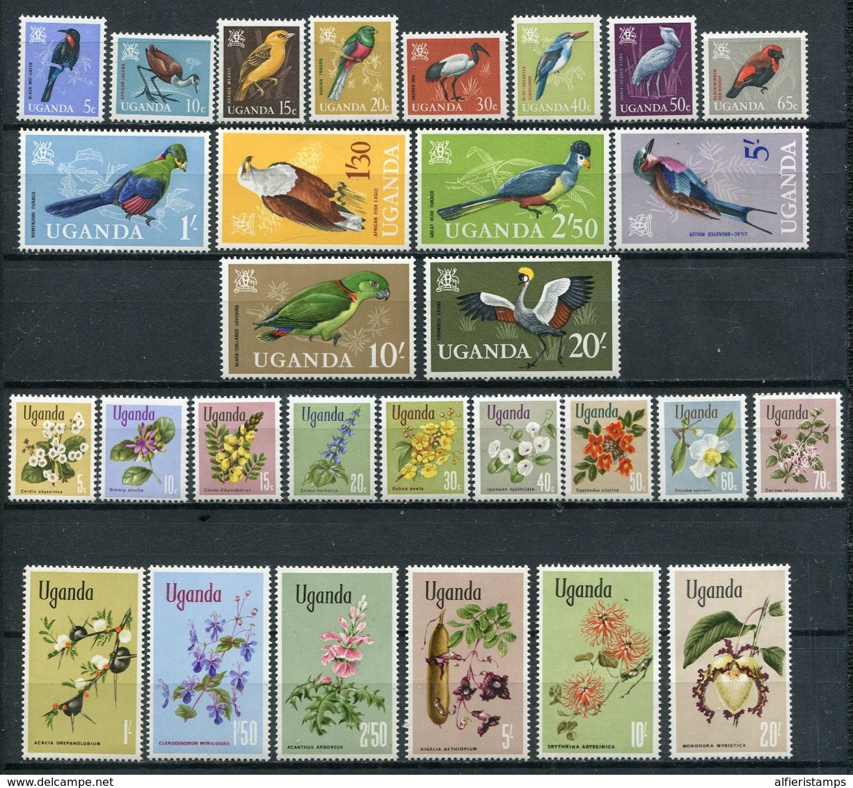 1965/7  - UGANDA  - FLOWERS-BIRDS- LOT-2 RARE SETS  -  29 VAL. M.N.H.- LUXE ! ! - Uganda (1962-...)