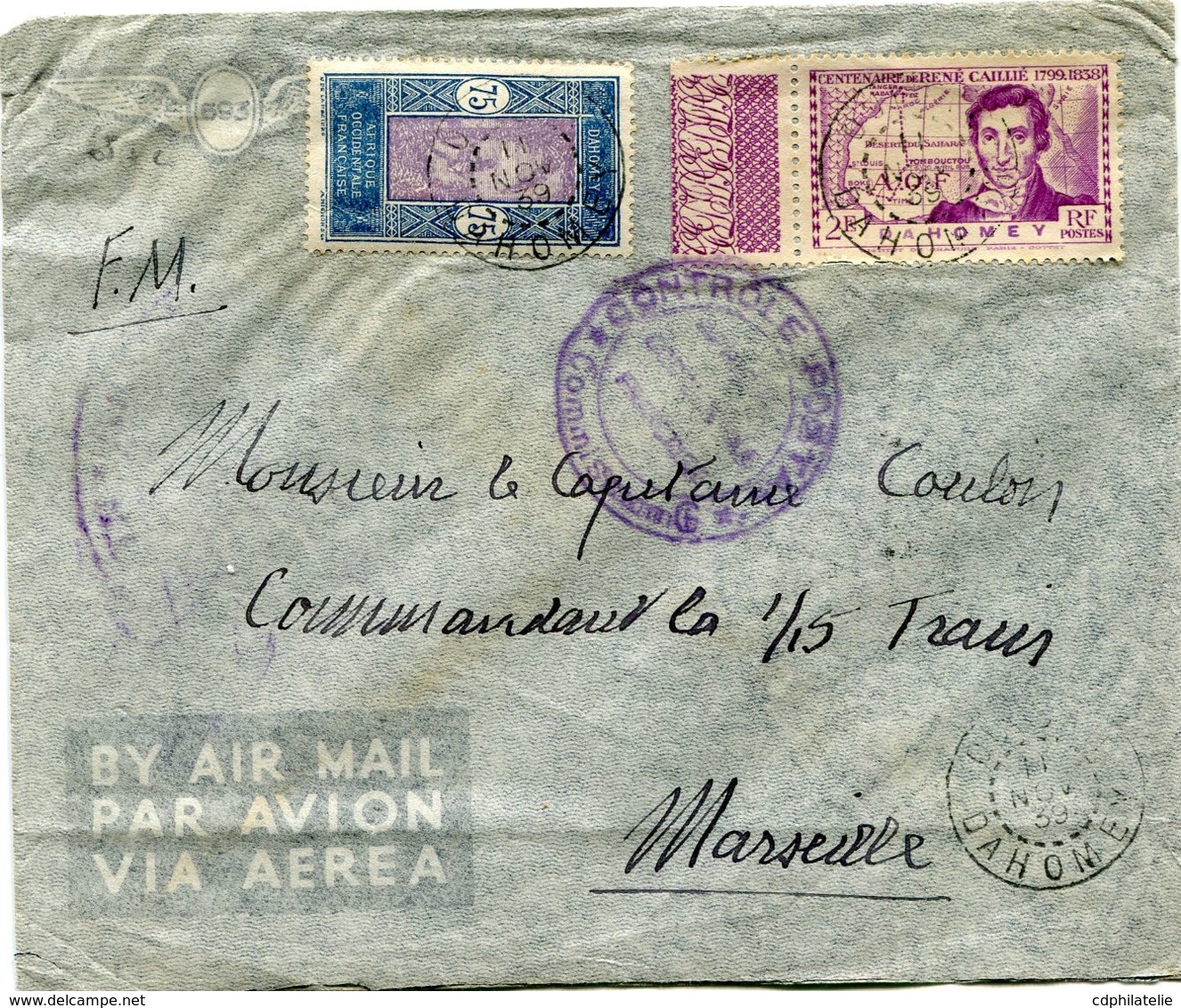 DAHOMEY LETTRE PAR AVION CENSUREE DEPART ?  11 NOV 39 DAHOMEY POUR LA FRANCE - Lettres & Documents