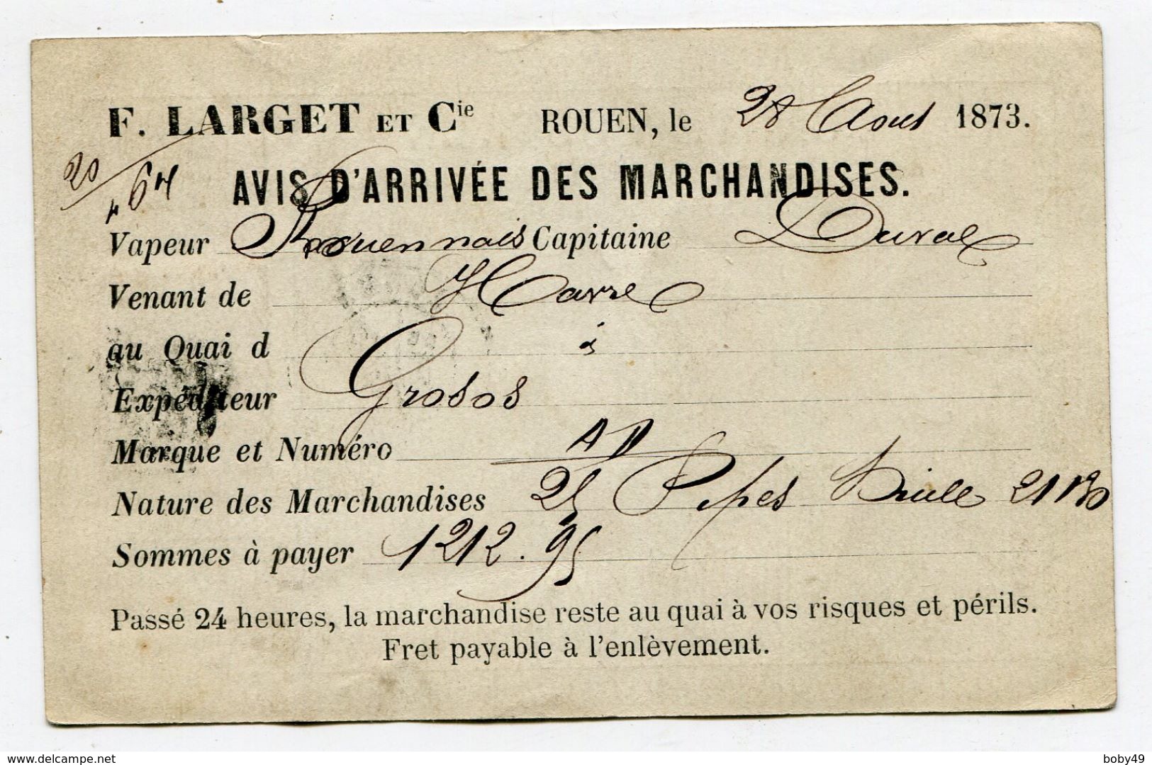 SEINE MARITIME De ROUEN CP Du 29/08/1873 Avec N°58 Oblitéré GC 3219 Repiquage F LARGET Et Cie ( 2 Scans) - 1849-1876: Classic Period