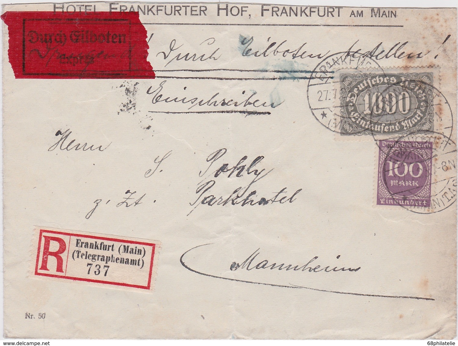 ALLEMAGNE 1923 LETTRE RECOMMANDEE EN EXPRES DE FRANKFURT AVEC CACHET ARRIVEE MANNHEIM - Sonstige & Ohne Zuordnung