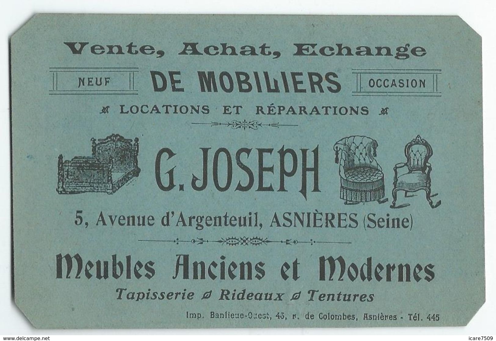 ASNIERES (92) - Carte Commerciale De "G. JOSEPH", 5 Avenue D'Argenteuil - Meubles Anciens Et Modernes - Asnieres Sur Seine