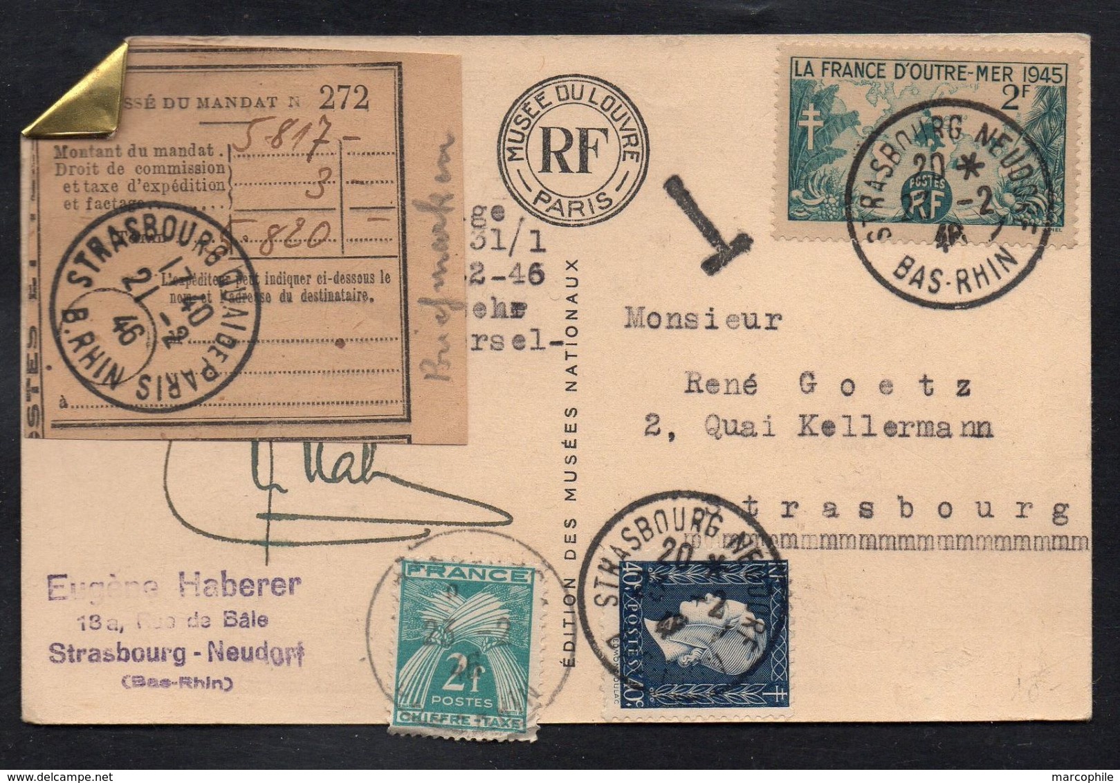 FRANCE - STRASBOURG NEUDORF / 1946 CARTE POSTALE TAXEE (ref 7824) - Lettres & Documents