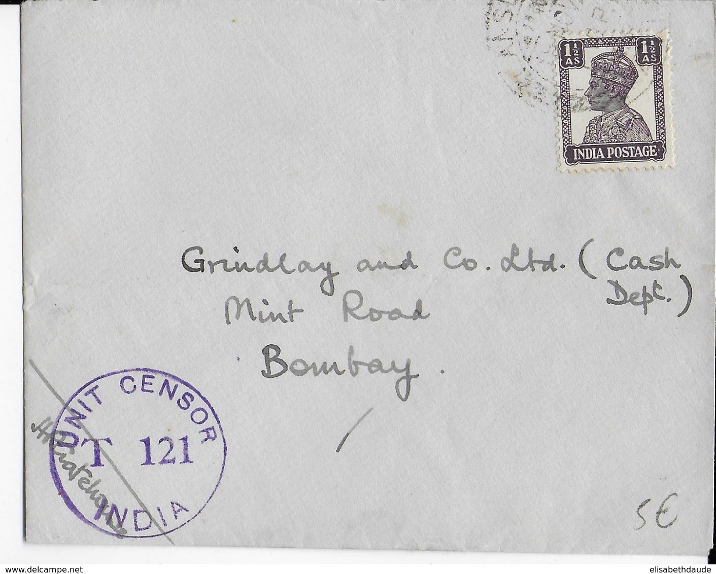 INDIA - 1940/45 - ENVELOPPE PETIT FORMAT Avec CENSURE ANGLAISE => BOMBAY - 1936-47 Roi Georges VI