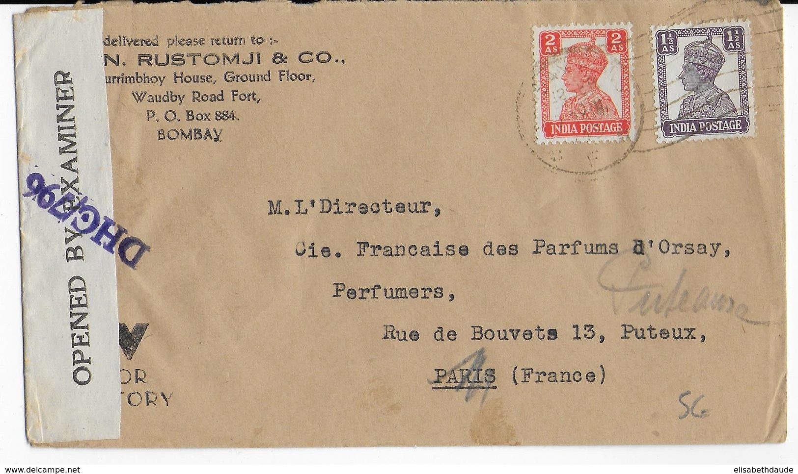 INDIA - 1945 - ENVELOPPE De BOMBAY Avec CENSURE ANGLAISE => PARIS => PUTEAUX - 1936-47 King George VI