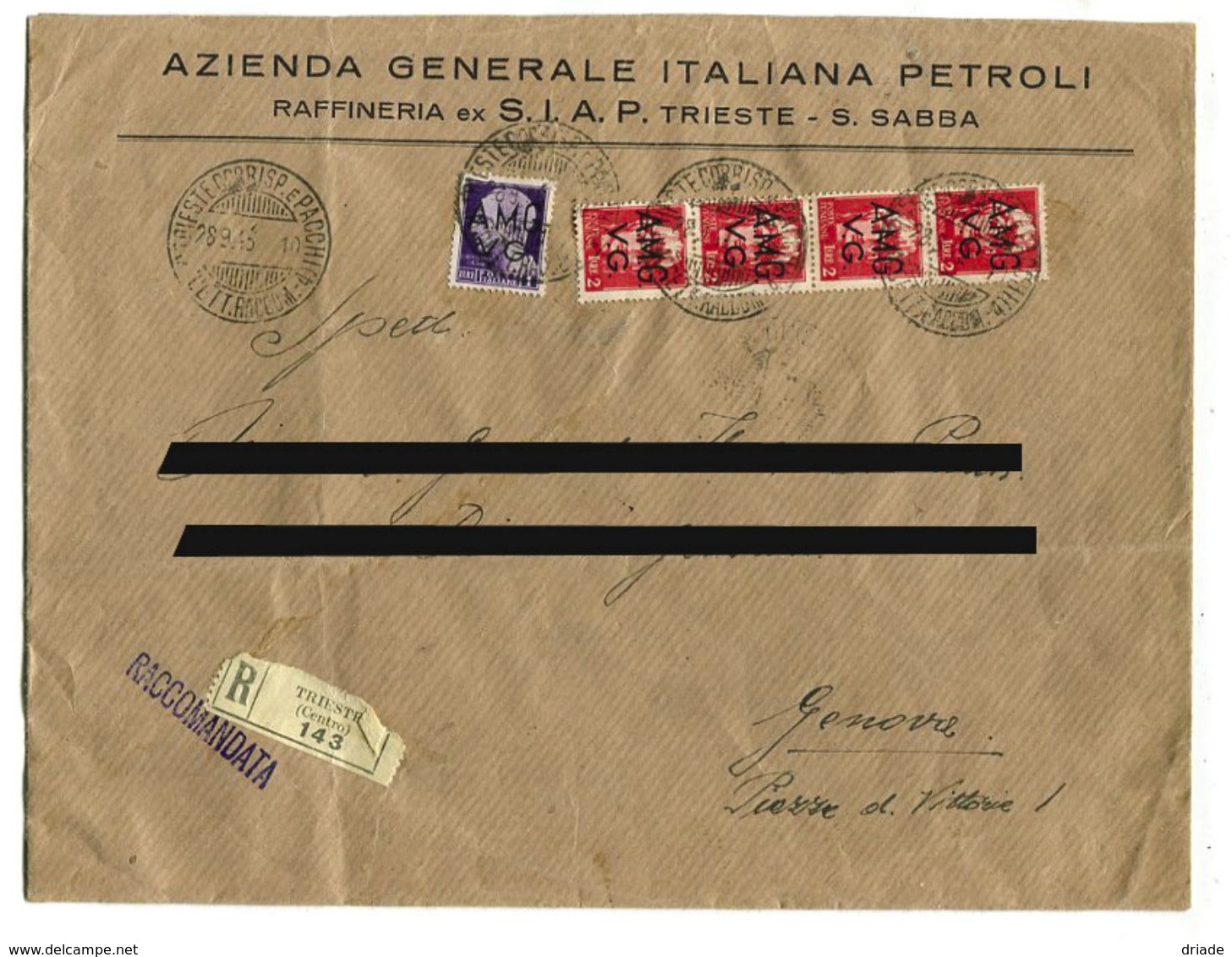 FRANCOBOLLI SU BUSTA RAFFINERIA EX SIAP TRIESTE S. SABBA VENEZIA GIULIA SOPRASTAMPA AMG VG LIRE 2 E LIRE 1 - Storia Postale