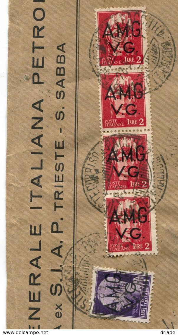 FRANCOBOLLI SU BUSTA RAFFINERIA EX SIAP TRIESTE S. SABBA VENEZIA GIULIA SOPRASTAMPA AMG VG LIRE 2 E LIRE 1 - Storia Postale