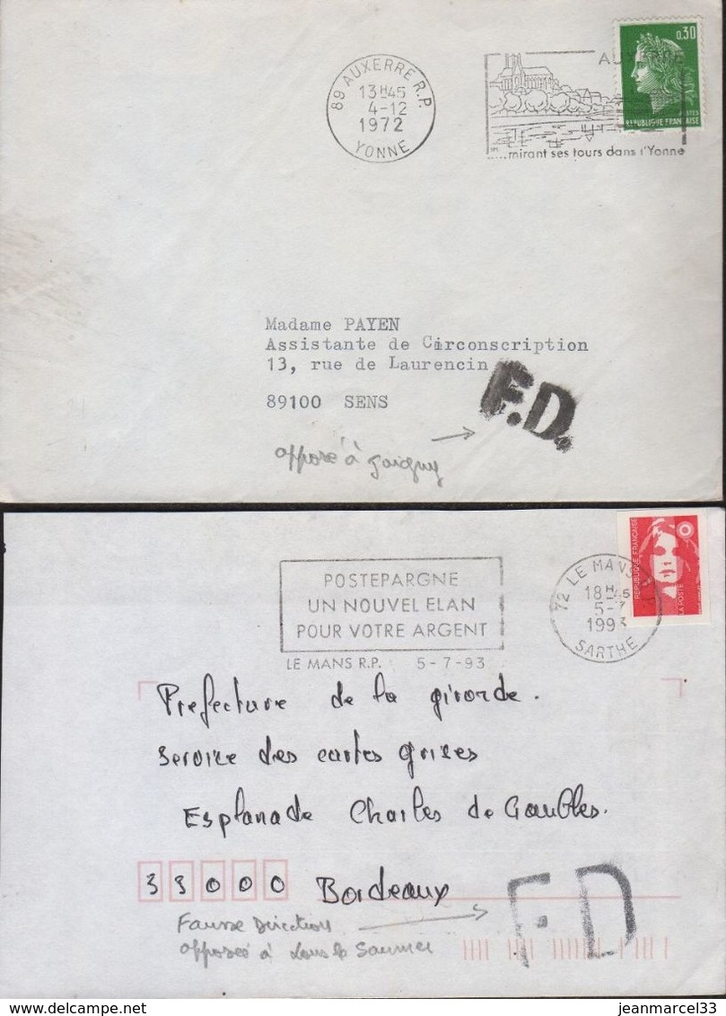 Curiosité Courrier Avec Marques FD (Fausse Direction) Griffe Locale Apposée à Joigny, Normalisée - Lettres & Documents