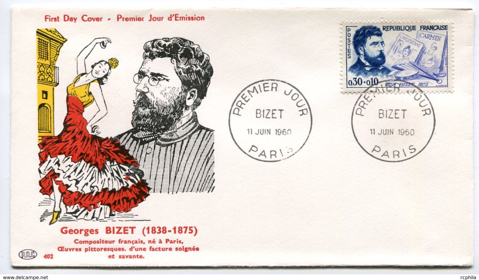 RC 7553 FRANCE FDC ENVELOPPE 1er JOUR BIZET MUSIQUE PARIS 1960 - 1960-1969