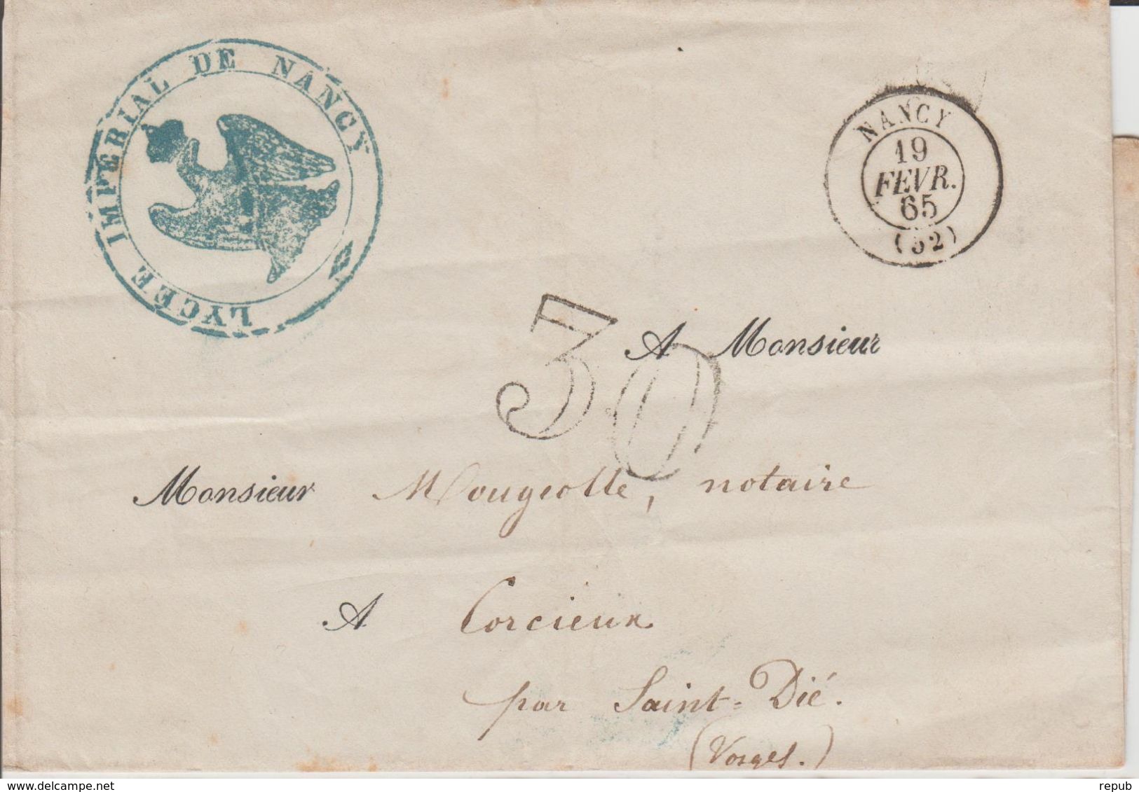 France Lettre Taxée 30 Double Trait Du Lycée Impérial De Nancy Pour Corcieux (Vosges) - 1849-1876: Periodo Clásico