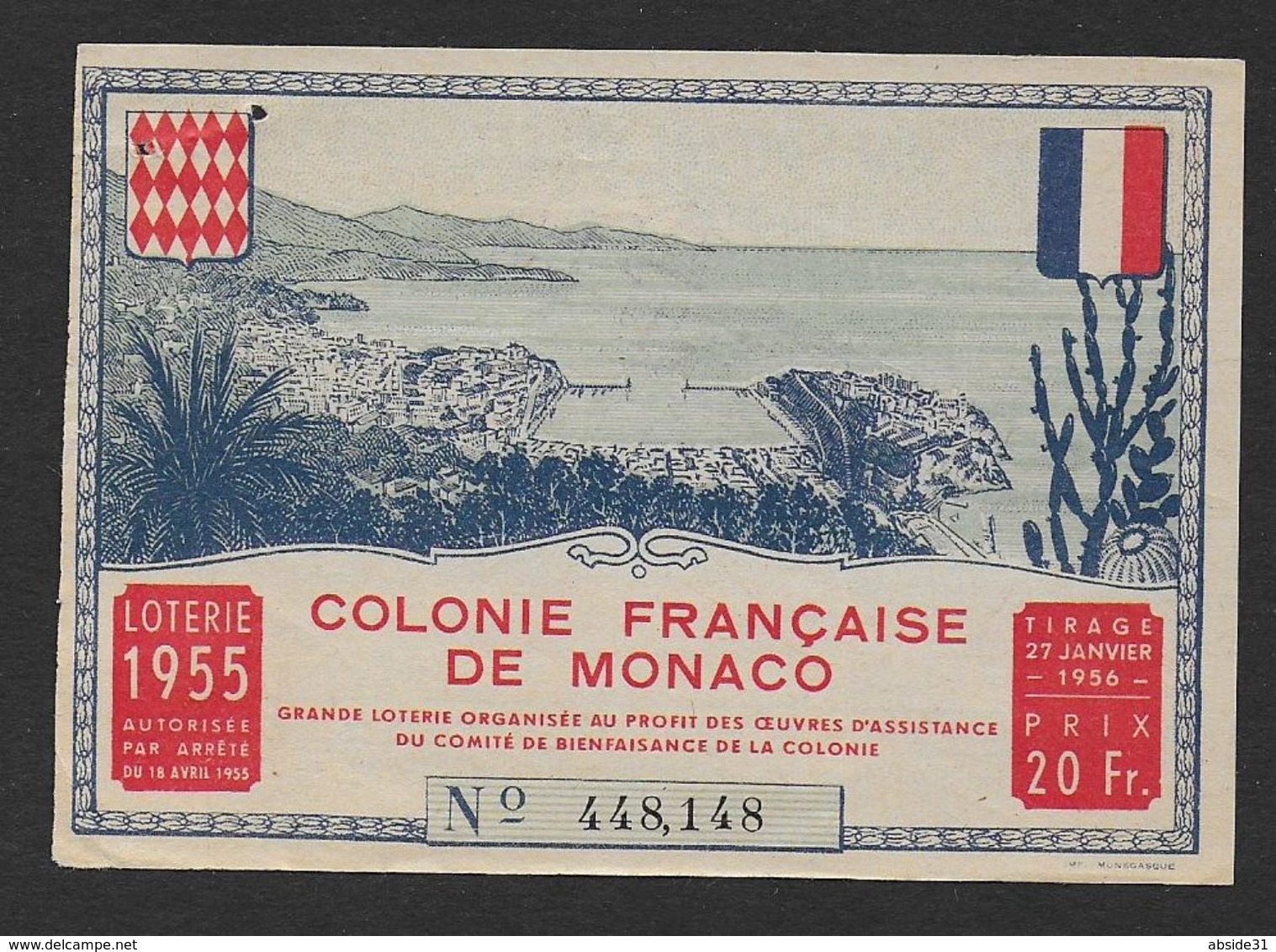 MONACO - Loterie 1955 - Colonie Française De Monaco - 2 Scans - Billets De Loterie