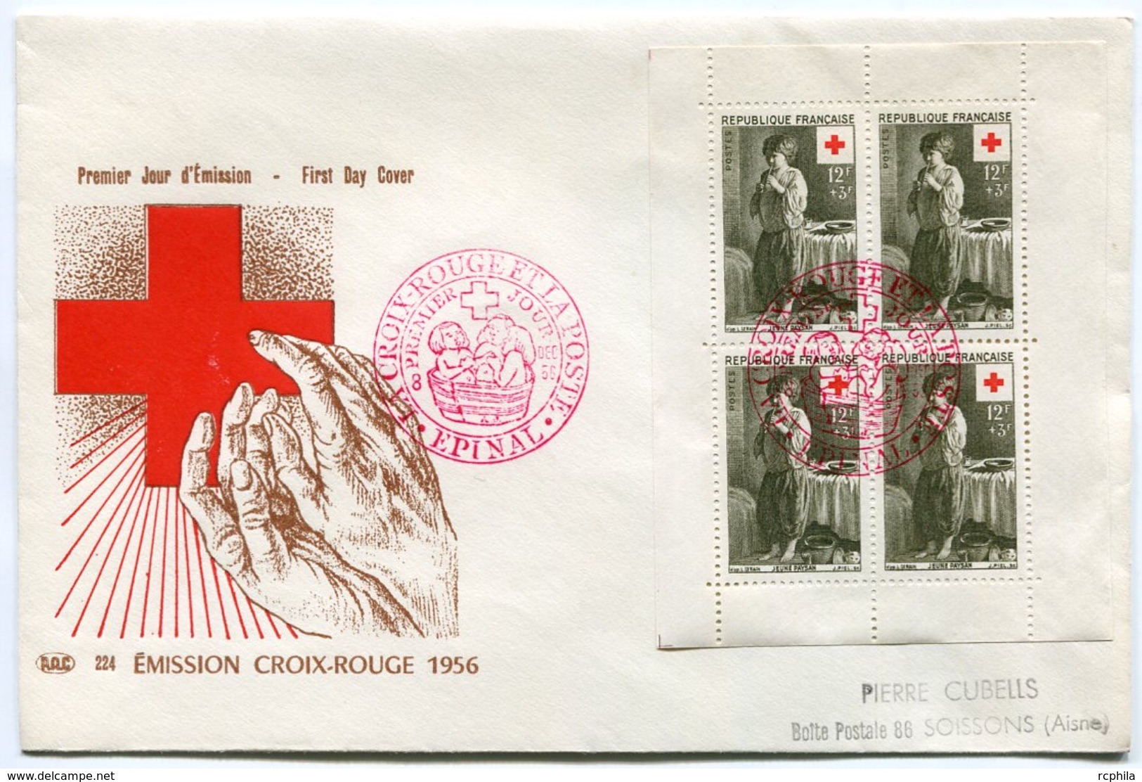 RC 7606 FRANCE FDC ENVELOPPE 1er JOUR FEUILLET DE CARNET CROIX ROUGE 1956 - 1950-1959