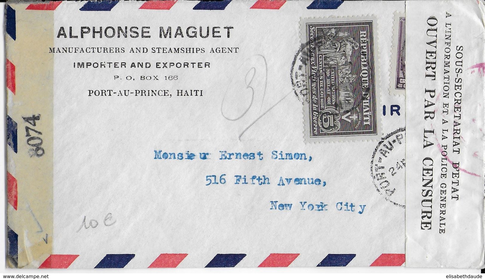 HAITI - 1945 - ENVELOPPE Avec 2 CENSURES De PORT AU PRINCE => NEW YORK (USA) - POLICE HAÏTIENNE - Haití