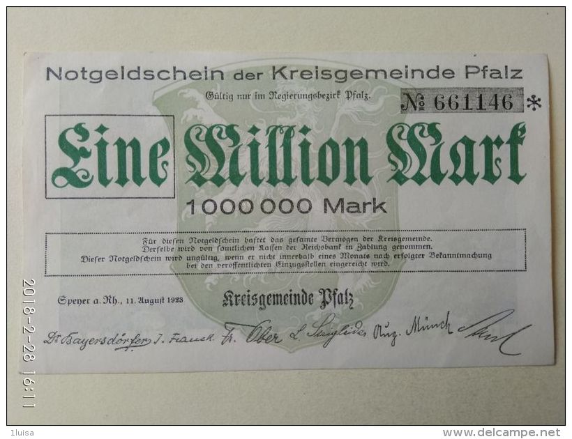 GERMANIA Kreisgemeinde Pfalz 1 Milione Mark 1923 - [11] Emissioni Locali